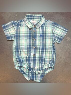 Land’n Sea 9M Plaid Button Up Bodysuit Blue Sailboat Collared One Piece
